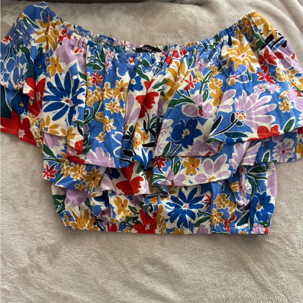 NWT Sugarlips Multicolor Ruffle One-Shoulder Crop Top - Picture 7 of 9